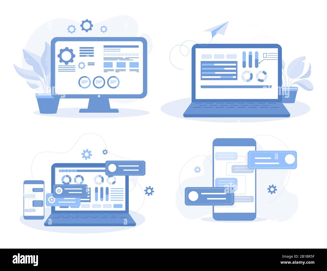 A set of illustrations on information technology. Web development