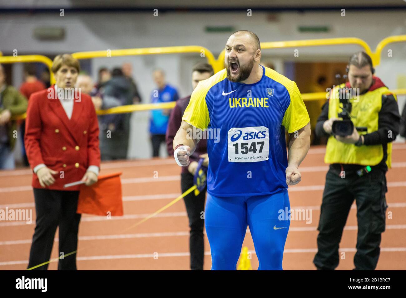 SUMY, UKRAINE - FEBRUARY 20, 2020: Ihor Musiyenko champion in shot put on Ukrainian indoor track and field championship 2020 Stock Photo