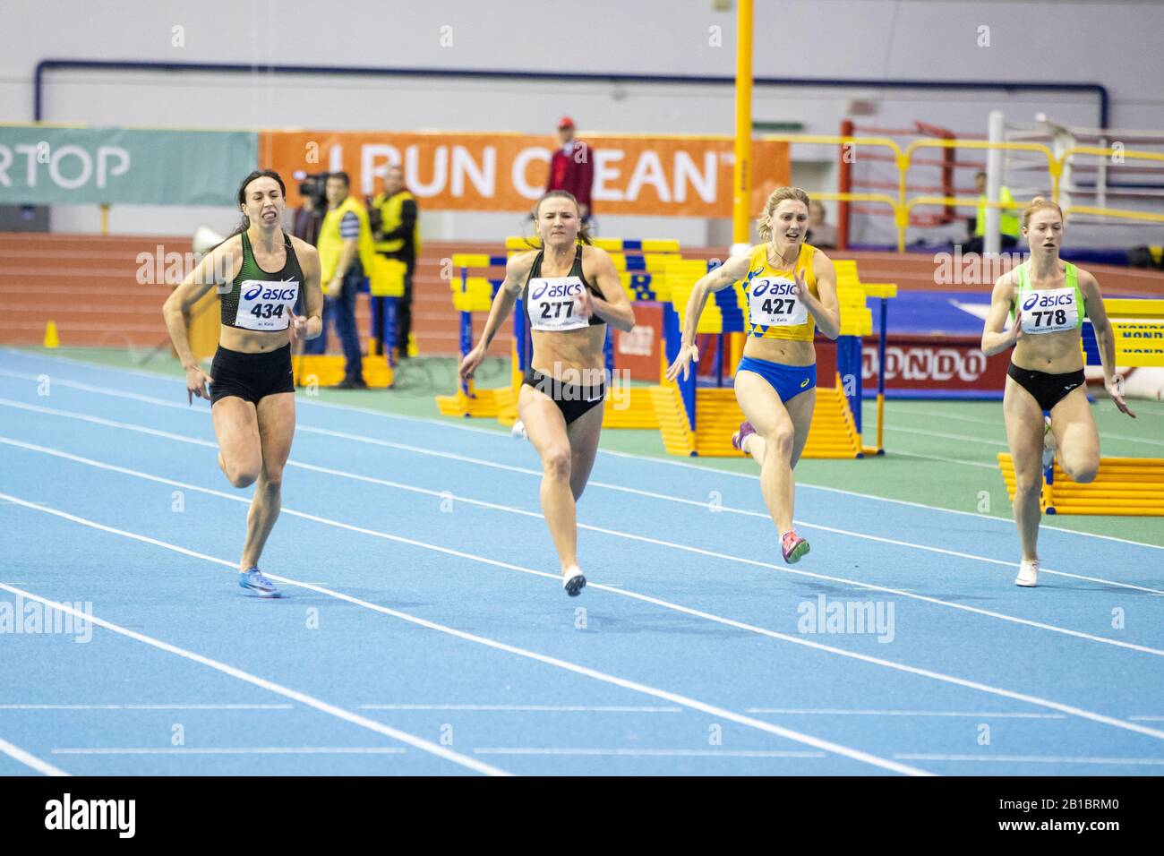 SUMY, UKRAINE - FEBRUARY 20, 2020: Viktoriya Ratnikova wins 60m final at Ukrainian indoor track and field championship 2020. Stock Photo