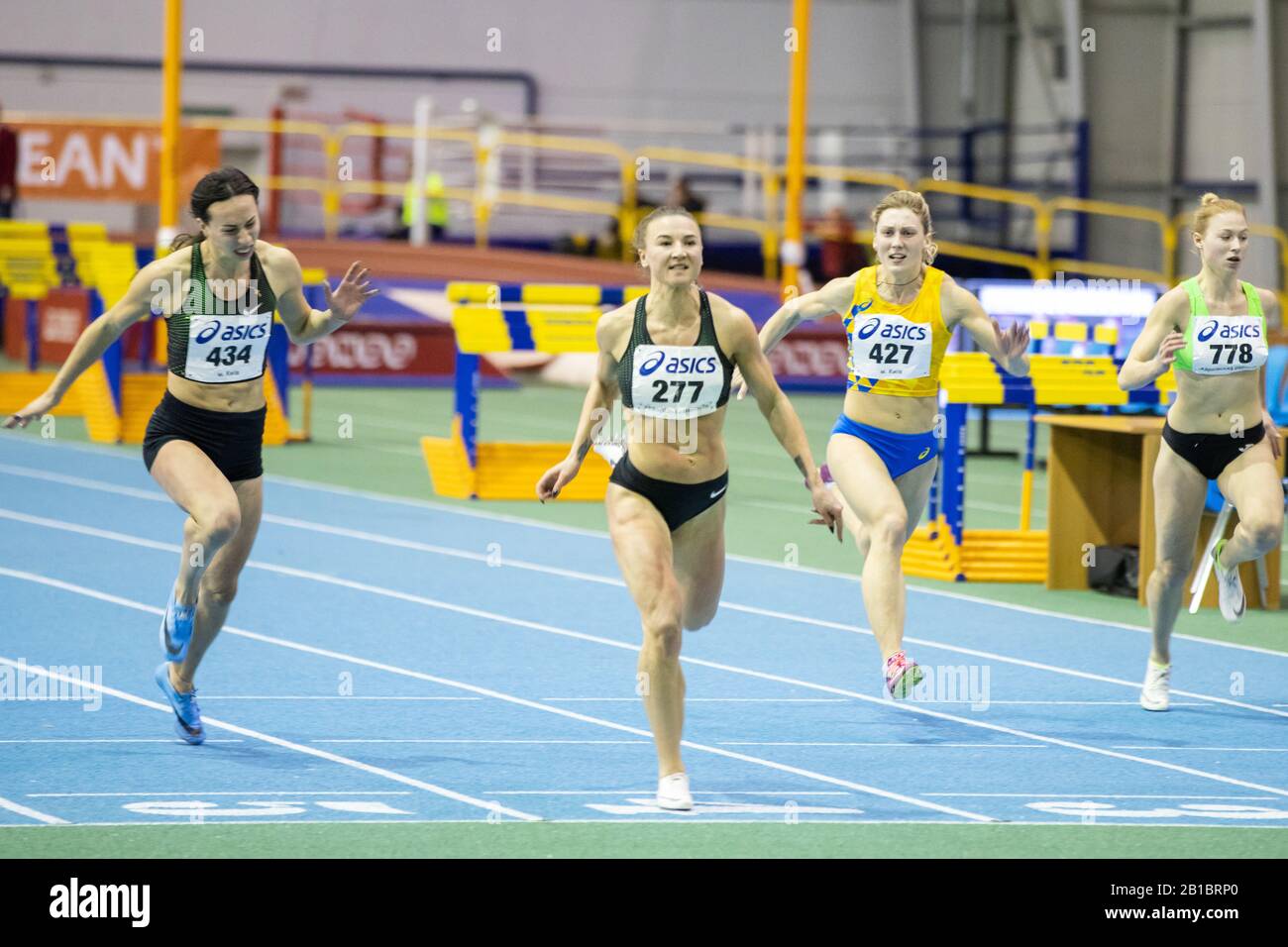 SUMY, UKRAINE - FEBRUARY 20, 2020: Viktoriya Ratnikova wins 60m final at Ukrainian indoor track and field championship 2020. Stock Photo