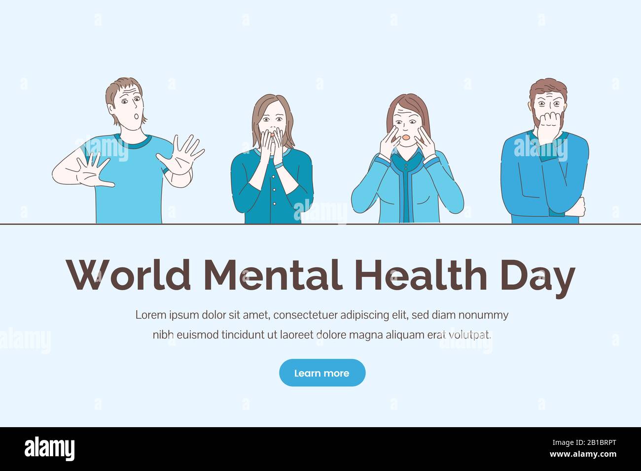 World mental health day landing page vector concept with text space. Scared, terrified people in panic. Psychology counseling, emotional troubles and mental therapy cartoon outline illustration. Stock Vector