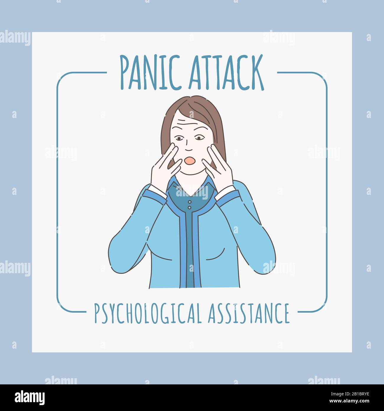 Panic attack banner design template. Woman with hands near mouth, nervous, scared, terrified and worried. Psychology counseling, and mental therapy cartoon outline poster design. Stock Vector