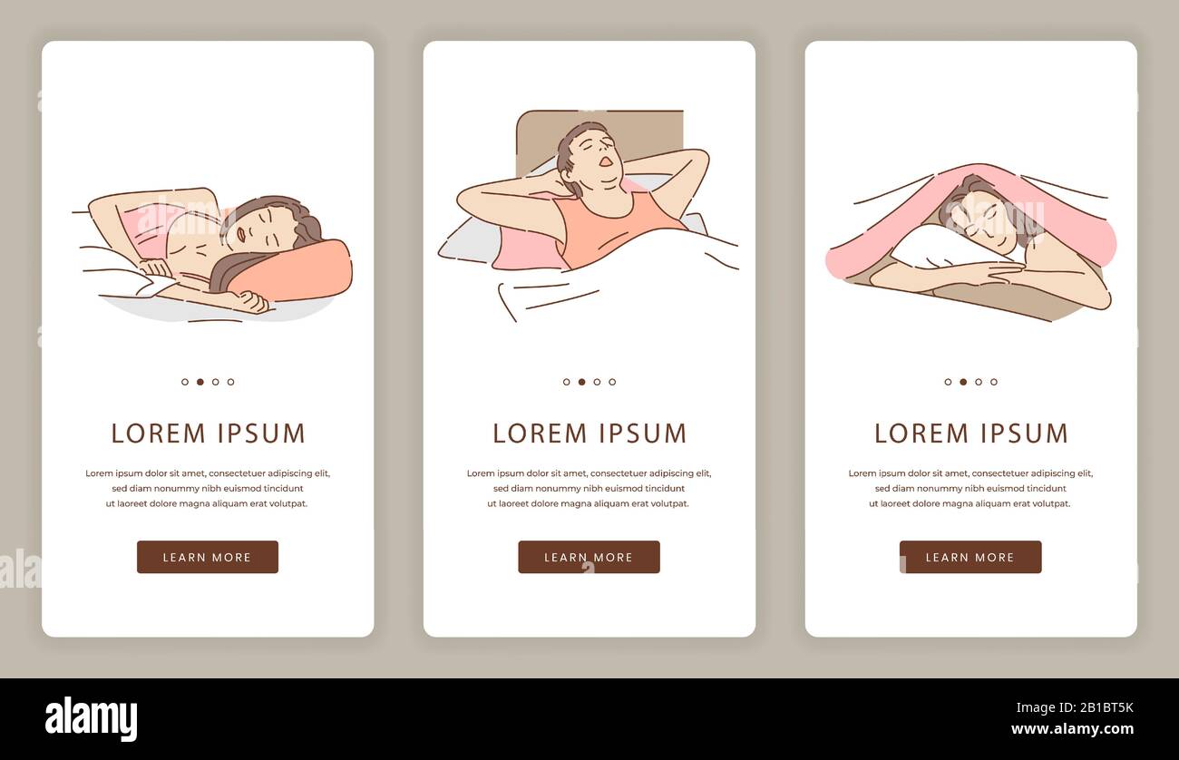 Sleeping people mobile app screens with text space. Man and women lying on bed and taking a rest or relax time vector cartoon illustration. Sleeping correction, sweet dreams website template. Stock Vector