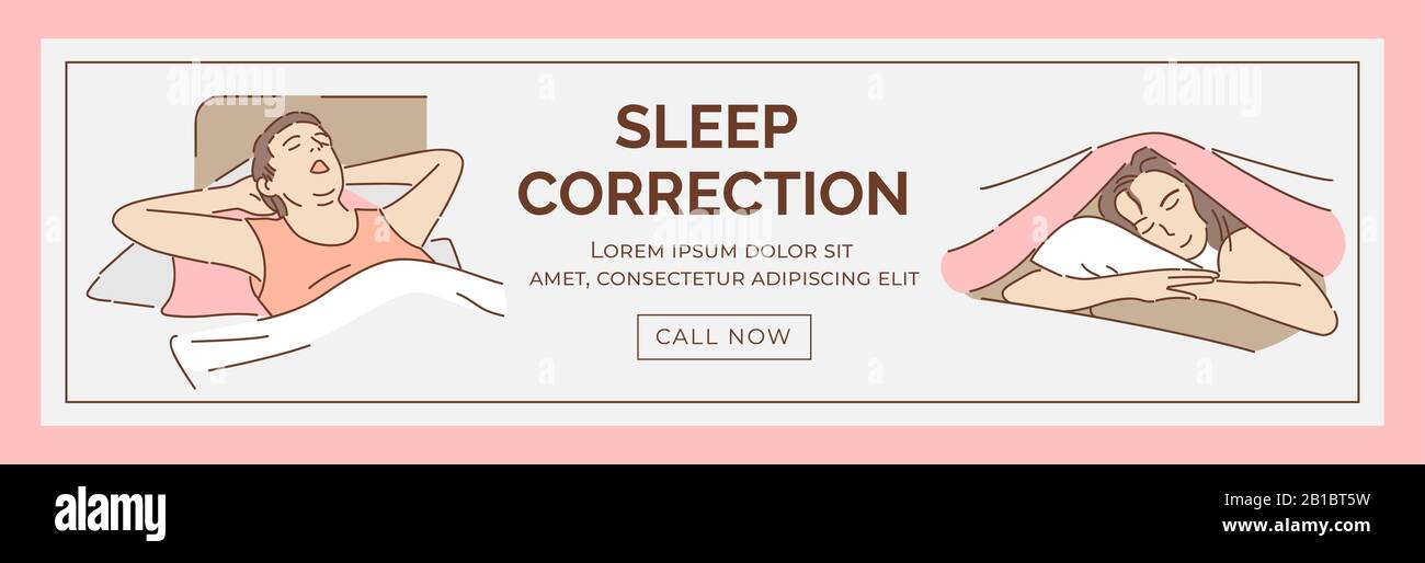 Sleep correction web banner template with text space. Young man and woman sleeping and taking a rest in beds vector cartoon illustration. Sweet dreams, healthy sleep outline concept. Stock Vector