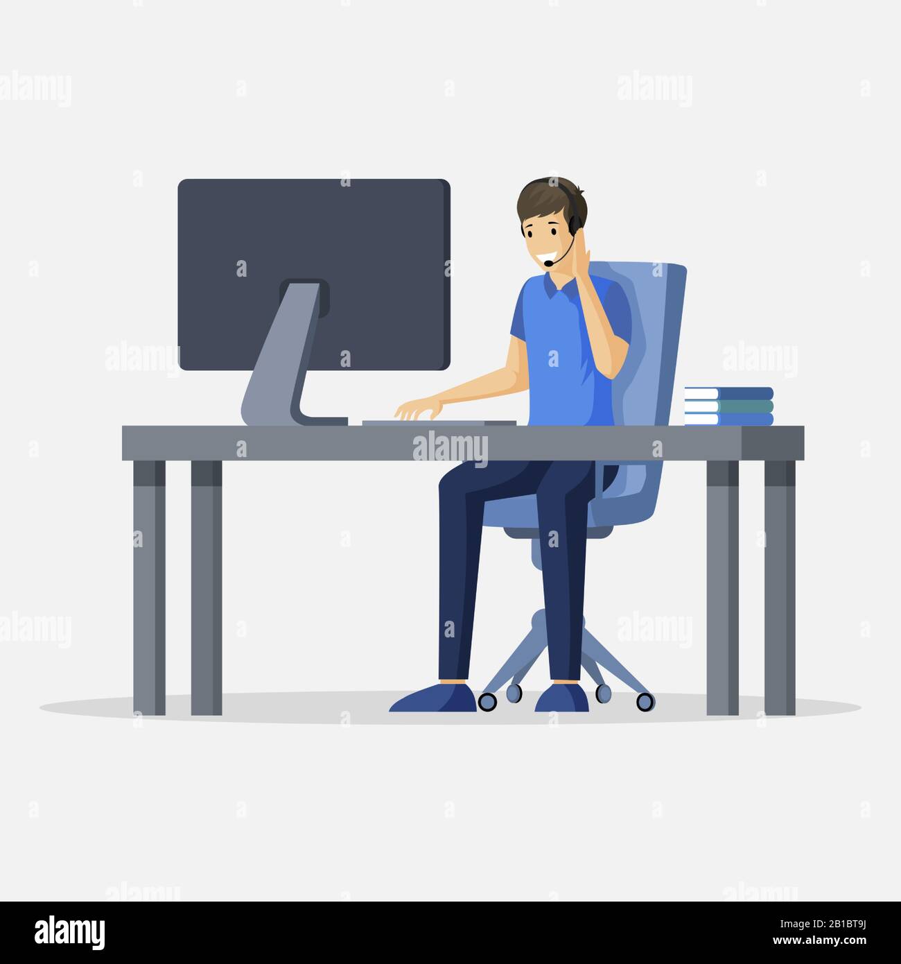 Smiling young man sitting at the table in front of computer with earpiece and microphone on head vector flat illustration. Support, freelance, virtual office or outsourcing cartoon character. Stock Vector