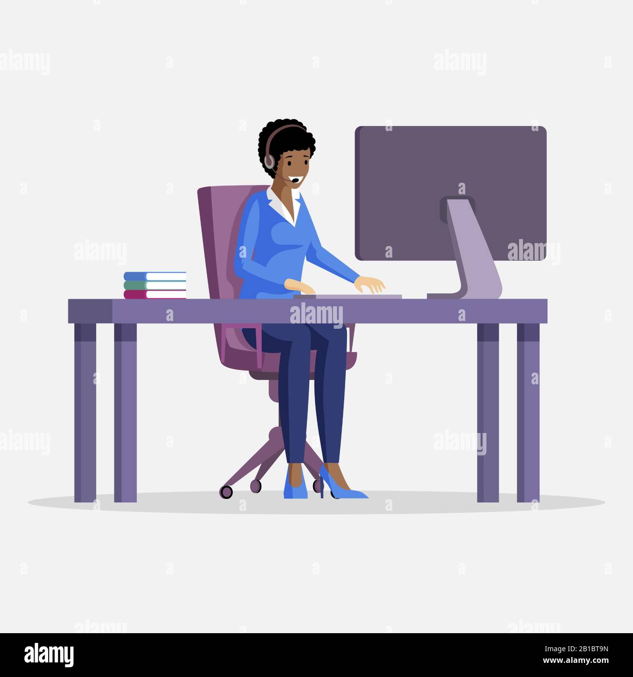 Young woman sitting at the table in front of computer with an earpiece and microphone on head vector flat illustration. Freelance, technical support, virtual office or outsourcing concept. Stock Vector