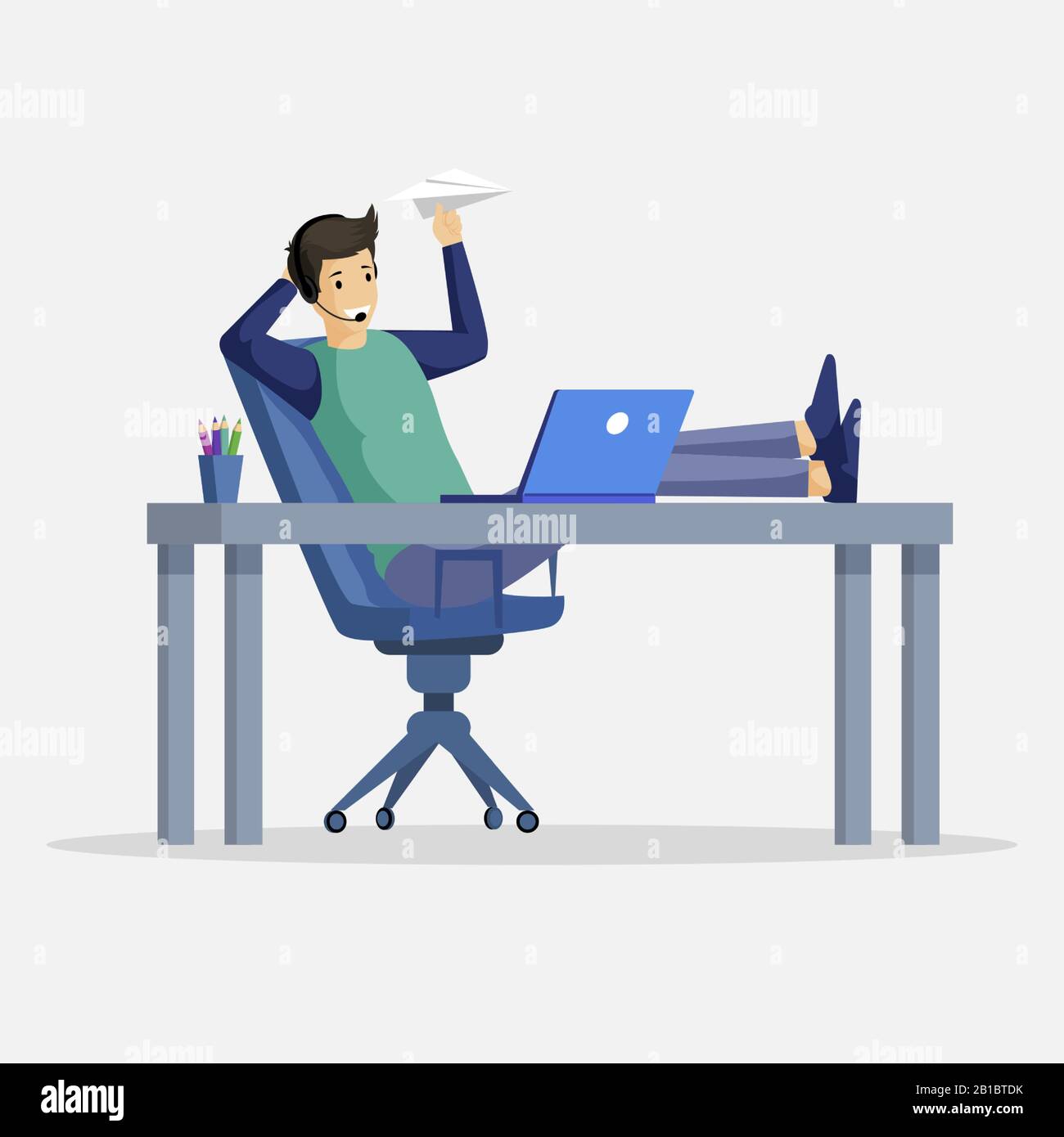 Smiling man sitting at the table and launching paper airplanes vector illustration. Flat character with earpiece and microphone. Freelance, technical support, virtual office, outsourcing concept. Stock Vector