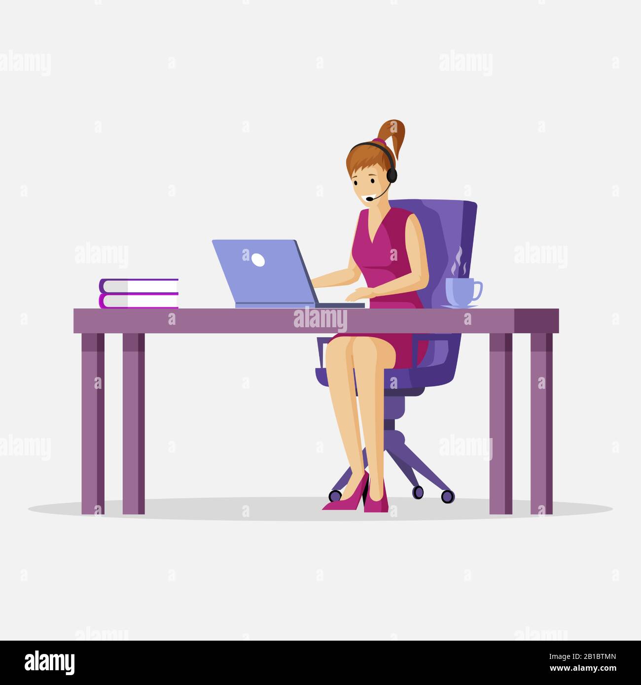 Smiling young woman sitting at the table in front of the laptop with earpiece and microphone on head vector flat illustration. Support, freelance, virtual office or outsourcing cartoon concept. Stock Vector