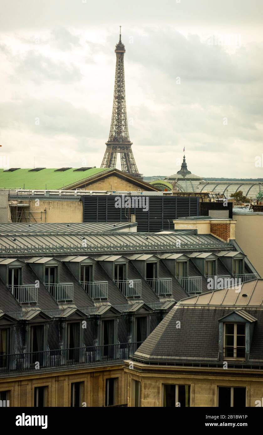 Eiffel tower view from the Galeries Lafayette rooftop Paris France