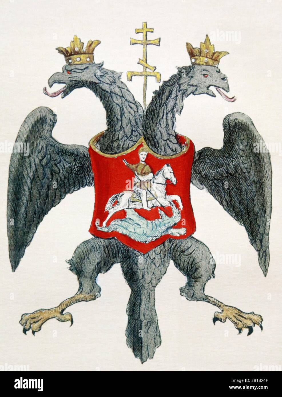 Coat of arms of the Russian tsar Mikhail Fedorovich. Illustration of the 17th century. Stock Photo