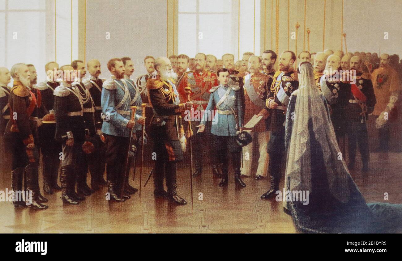 Presentation to the Russian emperor Alexander III Alexandrovich of the chieftains of all Cossack troops and military deputies. Painting by I. Kramskoy, 19th century. Stock Photo