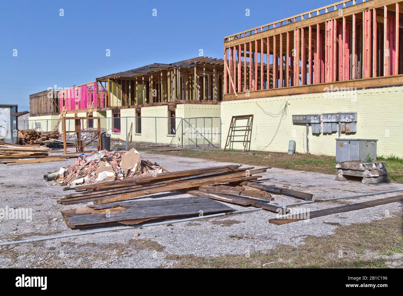 Hurricane Harvey 2017 damage, rebuilding apartment complex. Apartment
