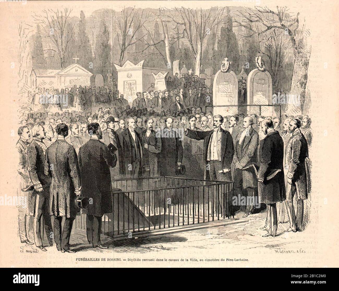 Funérailles de Rossini - Dépôt du cercueil dans le caveau de la Ville, au cimetière du Père-Lachaise. Stock Photo