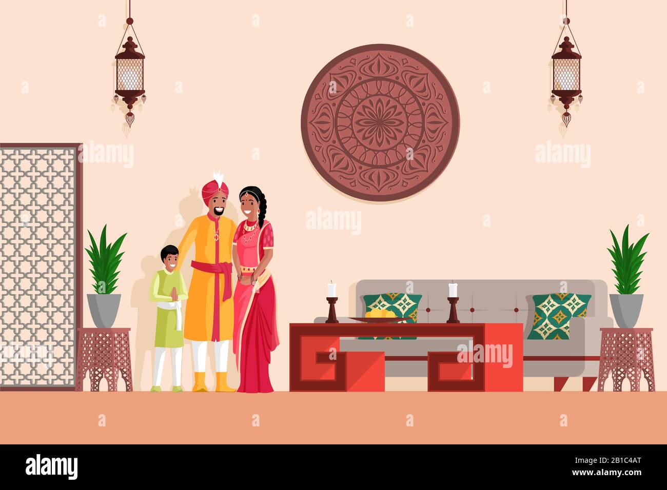 Happy Indian family in Arabian or Indian style designed living room vector flat illustration. Smiling mother, father and son in national clothes standing together in home decorated in oriental style. Stock Vector