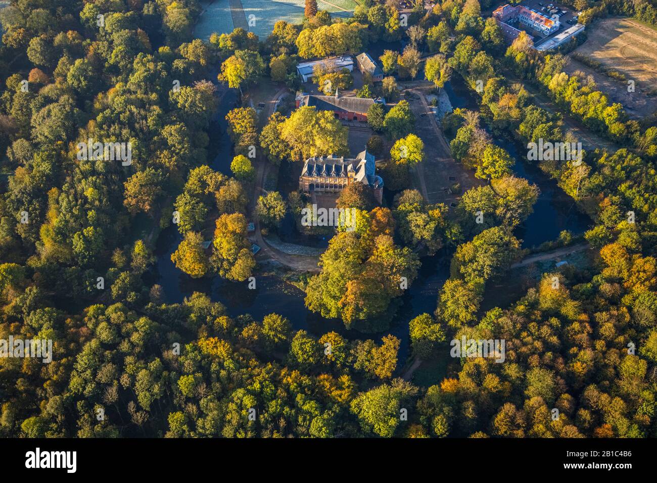 Aerial photograph, moated castle Schloss Rheydt and museum, Mönchengladbach, Lower Rhine, North Rhine-Westphalia, Germany, listed building, DEU, Europ Stock Photo