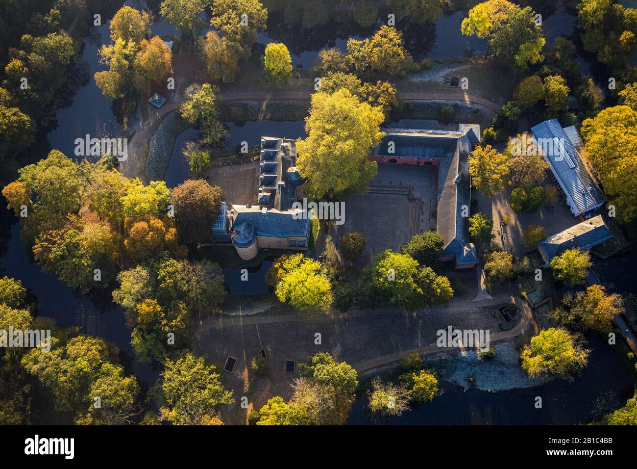Aerial photograph, moated castle Schloss Rheydt and museum, Mönchengladbach, Lower Rhine, North Rhine-Westphalia, Germany, architectural monument, cas Stock Photo