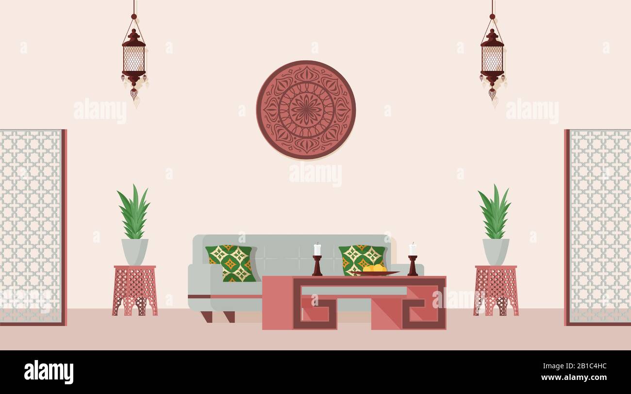 Oriental style decorated living room. Vector flat illustration of Arabian or Indian style designed room with table, sofa, lanterns, home plants, wall decorations, and screens. Stock Vector