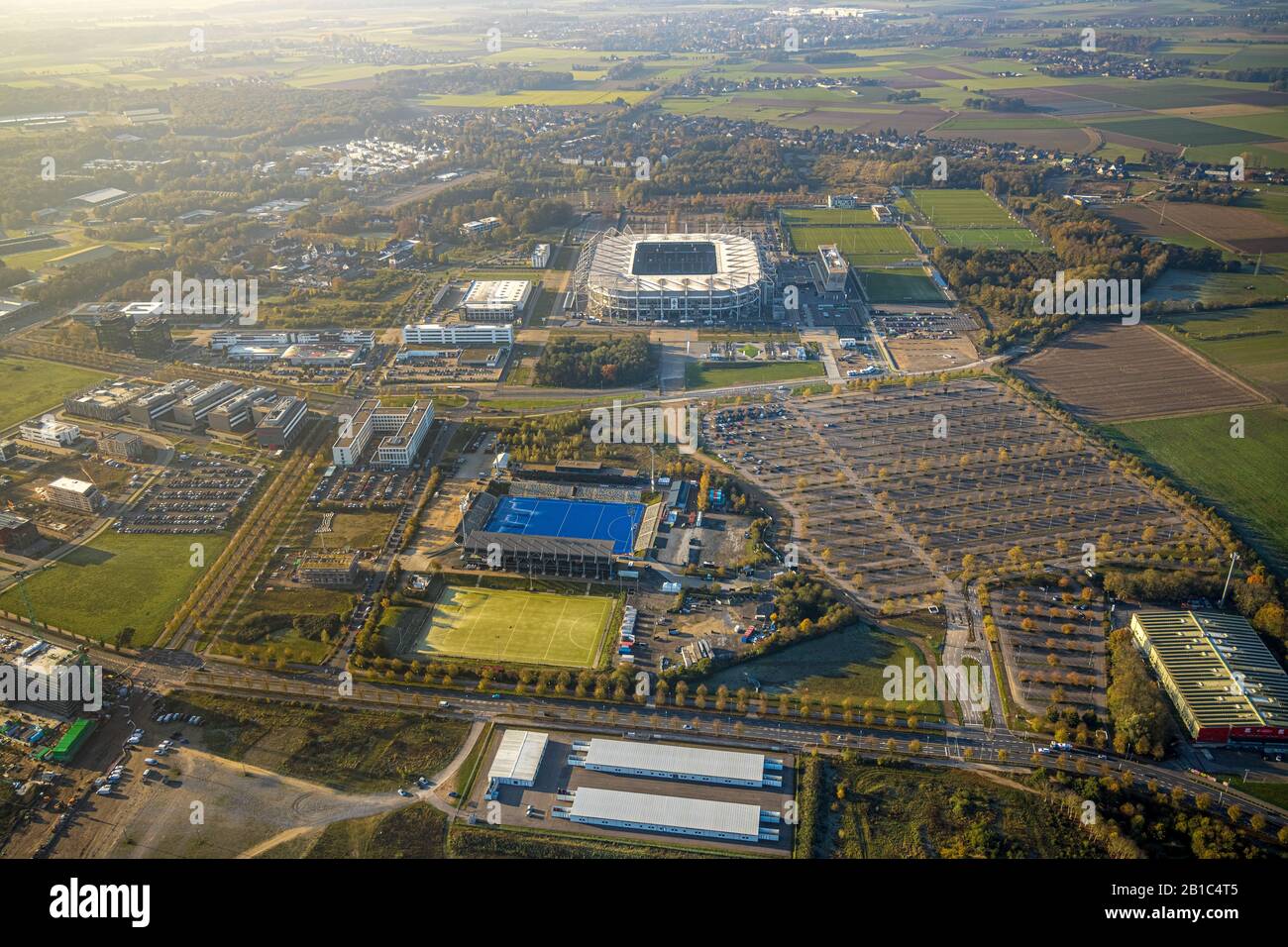 Aerial photo, FootballStadium BORUSSIA-PARK, Borussia Mönchengladbach football club, Mönchengladbach, Lower Rhine, North Rhine-Westphalia, Germany, Ar Stock Photo
