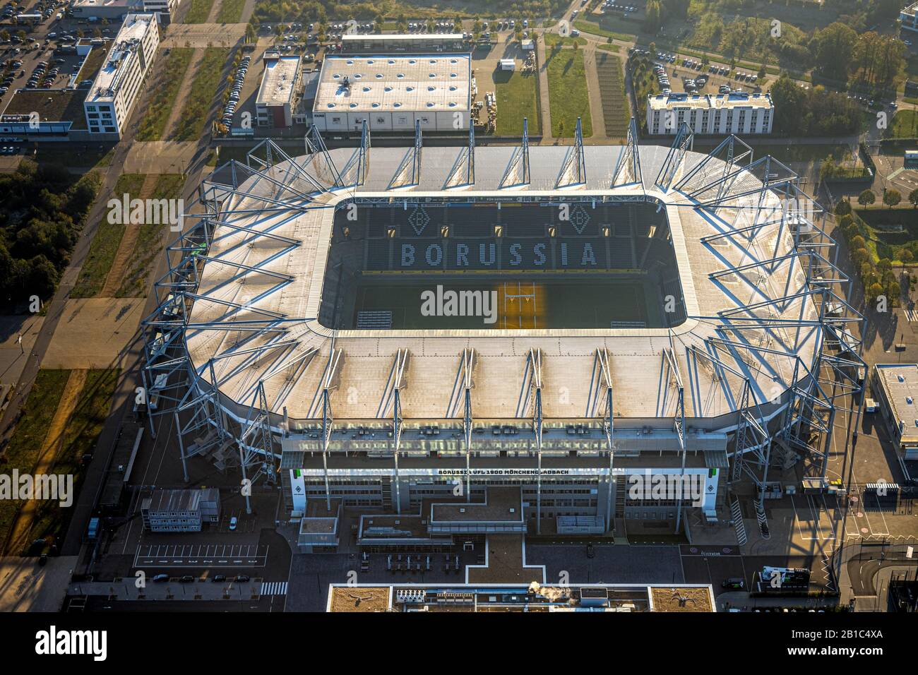 Aerial photo, Football stadium BORUSSIA-PARK, Borussia Mönchengladbach football club, Premier League stadium, Mönchengladbach, Lower Rhine, North Rhin Stock Photo