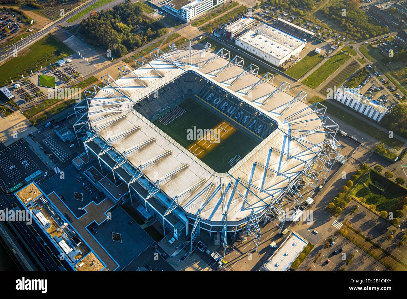 Aerial photo, Football stadium BORUSSIA-PARK, Borussia Mönchengladbach football club, Premier League stadium, Mönchengladbach, Lower Rhine, North Rhin Stock Photo