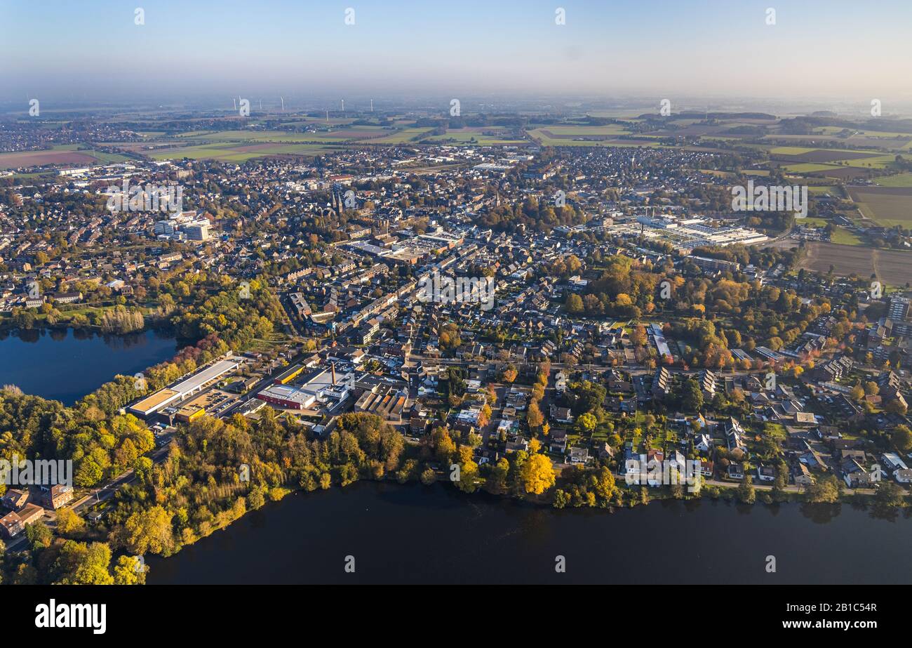 Aerial view, view of Lobberich, commercial area and residential area, Lake Nettebruch, Lake Windmühlenbruch, Nettetal, Lower Rhine, North Rhine-Westph Stock Photo
