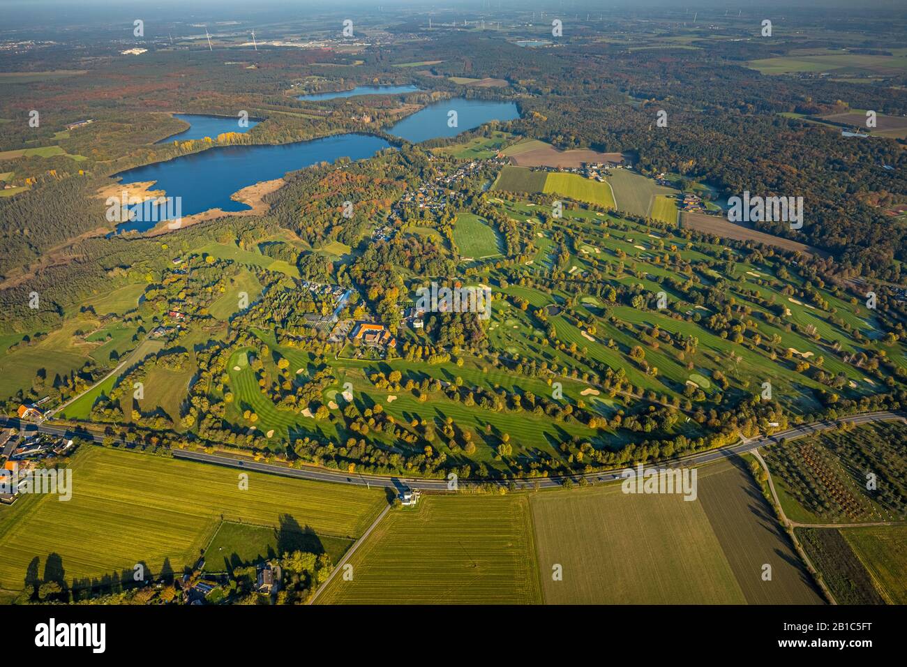 Aerial photo, Golf course Haus Bey, Castle Haus Bey, Krickenbecker Lakes, Nettetal, Lower Rhine, North Rhine-Westphalia, Germany, Am Haus Bey, woodlan Stock Photo