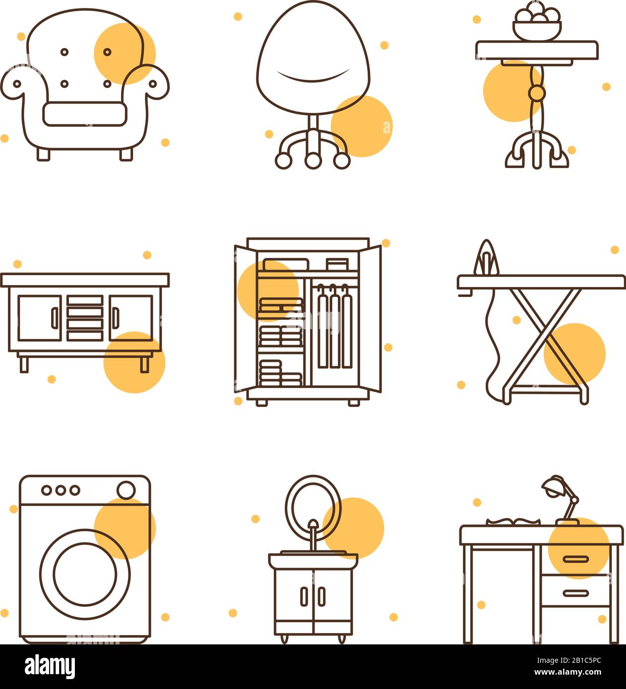 block and line style icon set design, Home room decoration interior ...