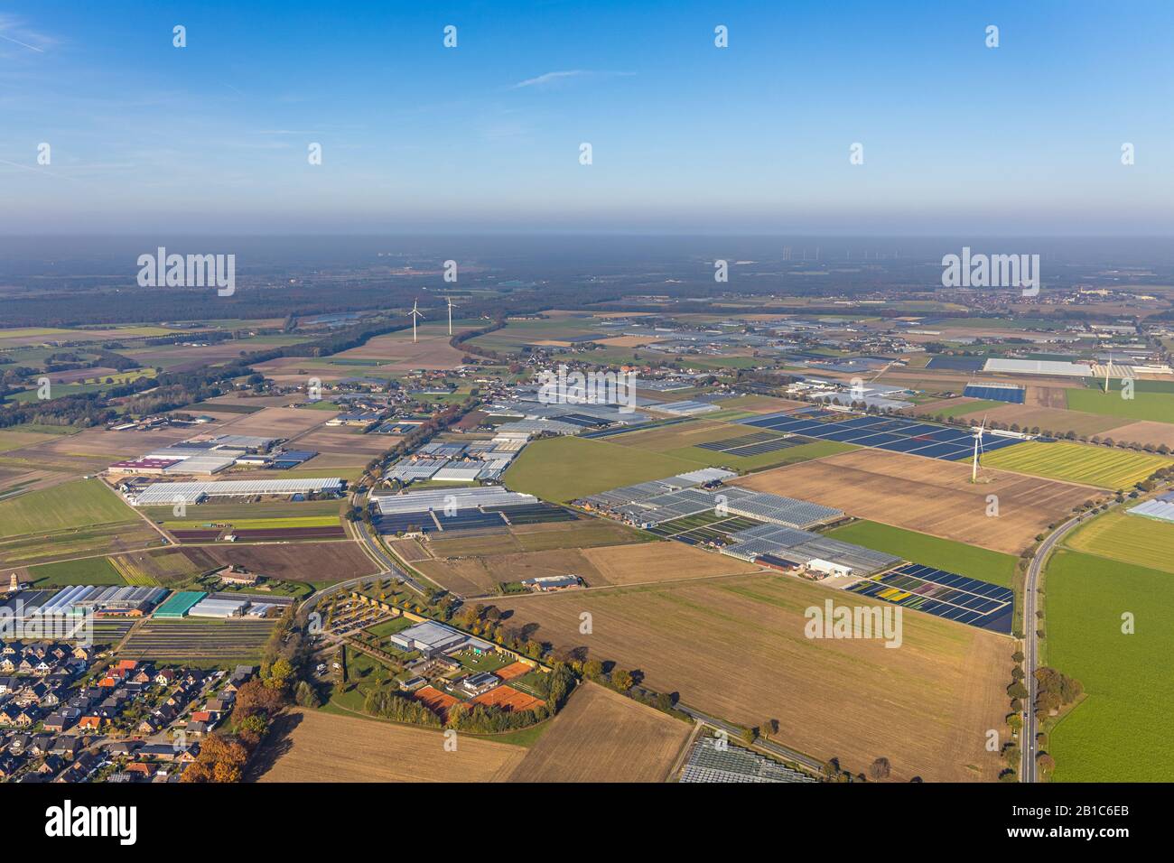 Aerial photograph, view of the town of Auwel and Vossum, nursery and horticultural businesses, Straelen, Lower Rhine, North Rhine-Westphalia, Germany, Stock Photo
