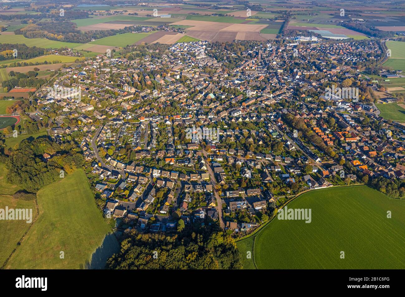 Aerial photo, view of Vorst, Catholic Church of St. Godehard, Tönisvorst, Lower Rhine, North Rhine-Westphalia, Germany, DEU, single-family houses, Eur Stock Photo