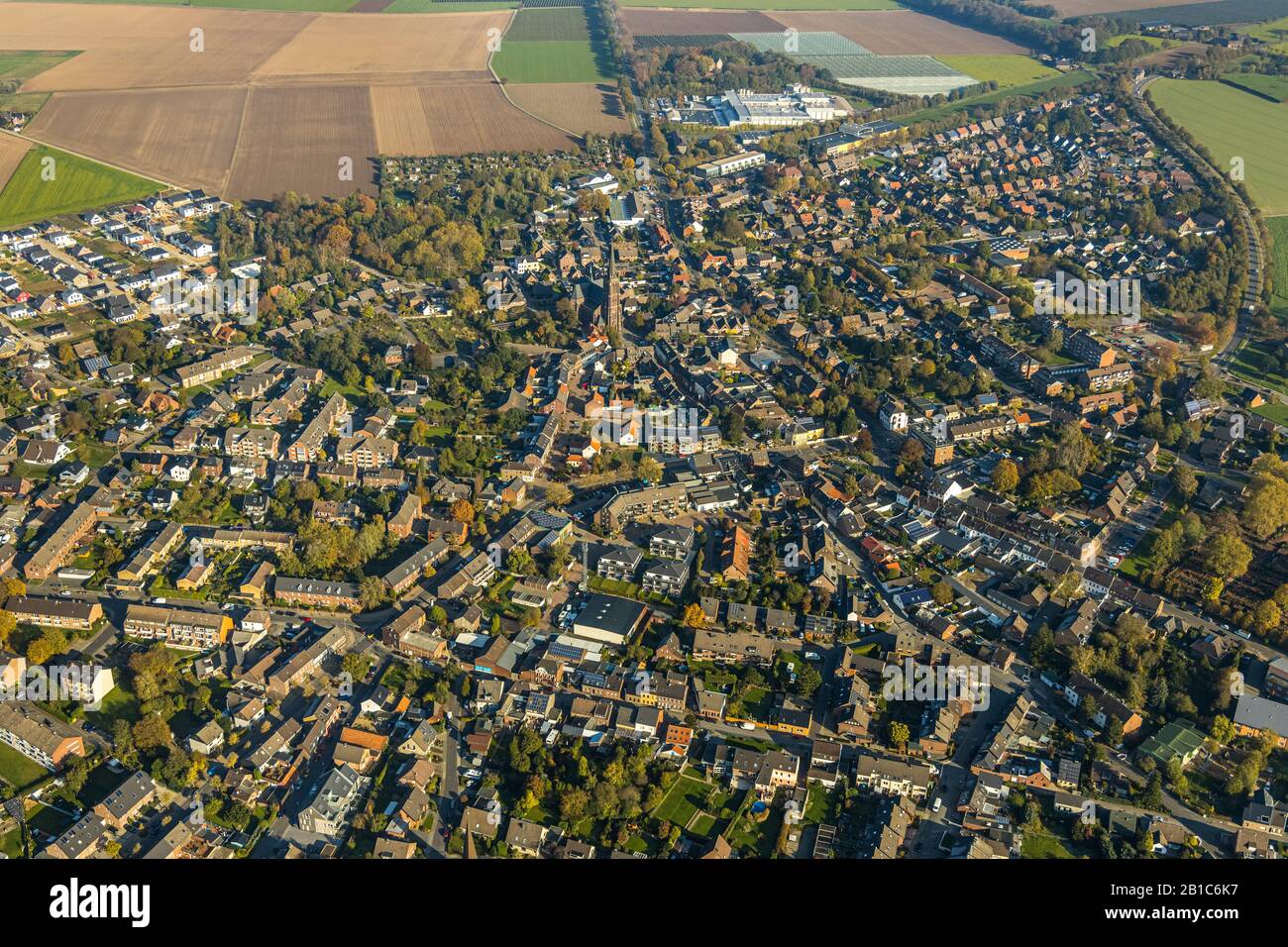 Aerial photo, view of Vorst, Catholic Church of St. Godehard, Tönisvorst, Lower Rhine, North Rhine-Westphalia, Germany, DEU, single-family houses, Eur Stock Photo