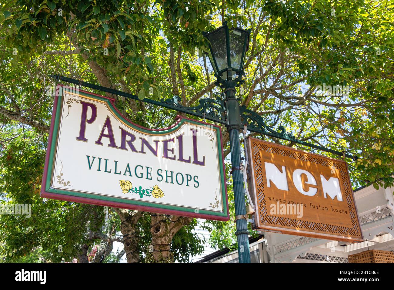 Parnell Village Shops sign, Parnell Road, Parnell, Auckland, Auckland Region, New Zealand Stock Photo