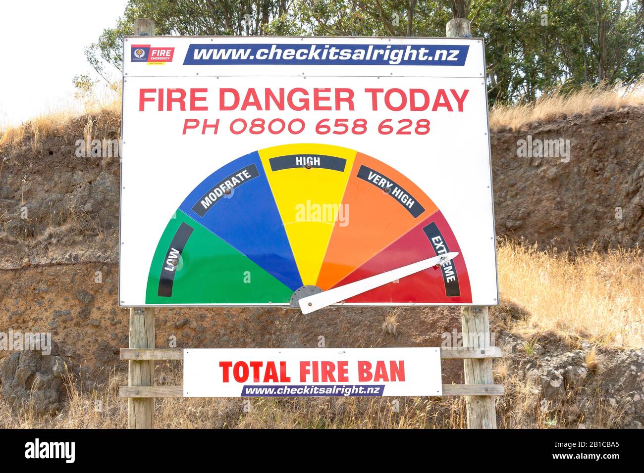 Extreme setting on fire danger sign, Sumner Road, Sumner, Christchurch, Canterbury Region, New Zealand Stock Photo