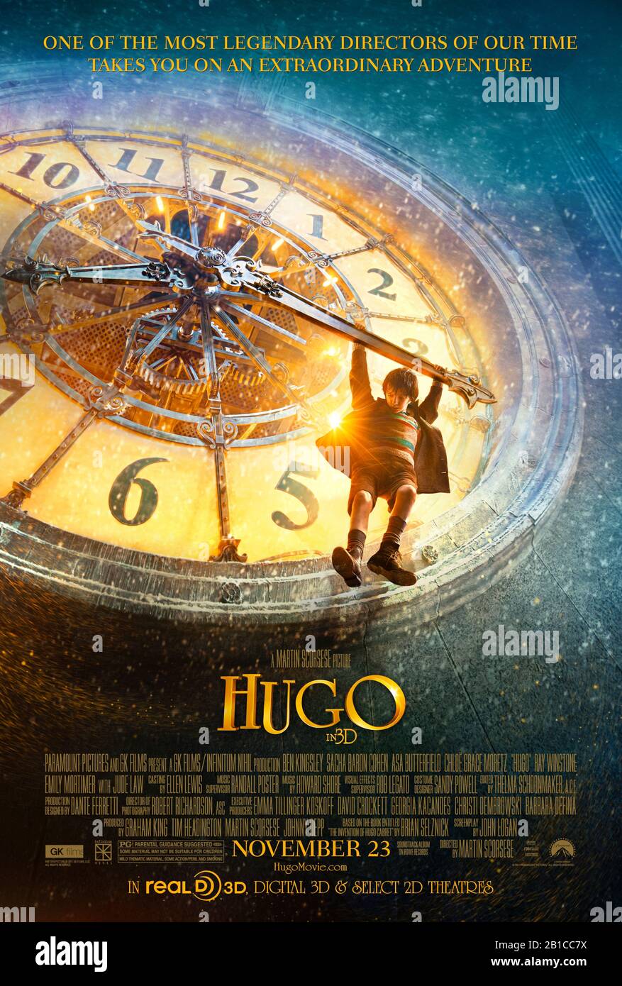 Hugo (2011) directed by Martin Scorsese and starring Asa Butterfield, Chloë Grace Moretz, Christopher Lee and Sacha Baron Cohen. An orphan boy living in the Gare Montparnasse train station in Paris in the 1930s rescues an automaton his father once repaired and tries to restore it. Stock Photo