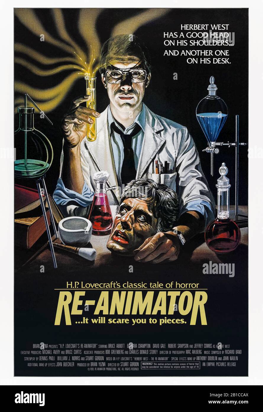 Re-Animator (1985) directed by Stuart Gordon and starring Jeffrey Combs, Bruce Abbott, Barbara Crampton and David Gale. H.P. Lovecraft's classic tale of horror about a mad scientist who re-animates dead tissue. Stock Photo