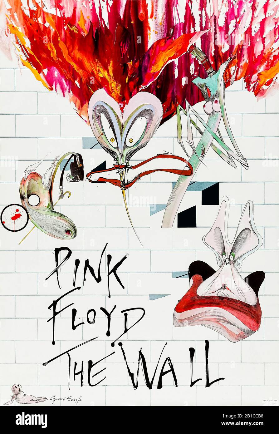 ‘The Wall’ 1979 album poster produced by Harvest Records to promote the 11th studio album by English rock band Pink Floyd featuring artwork by Gerald Scarfe. Stock Photo
