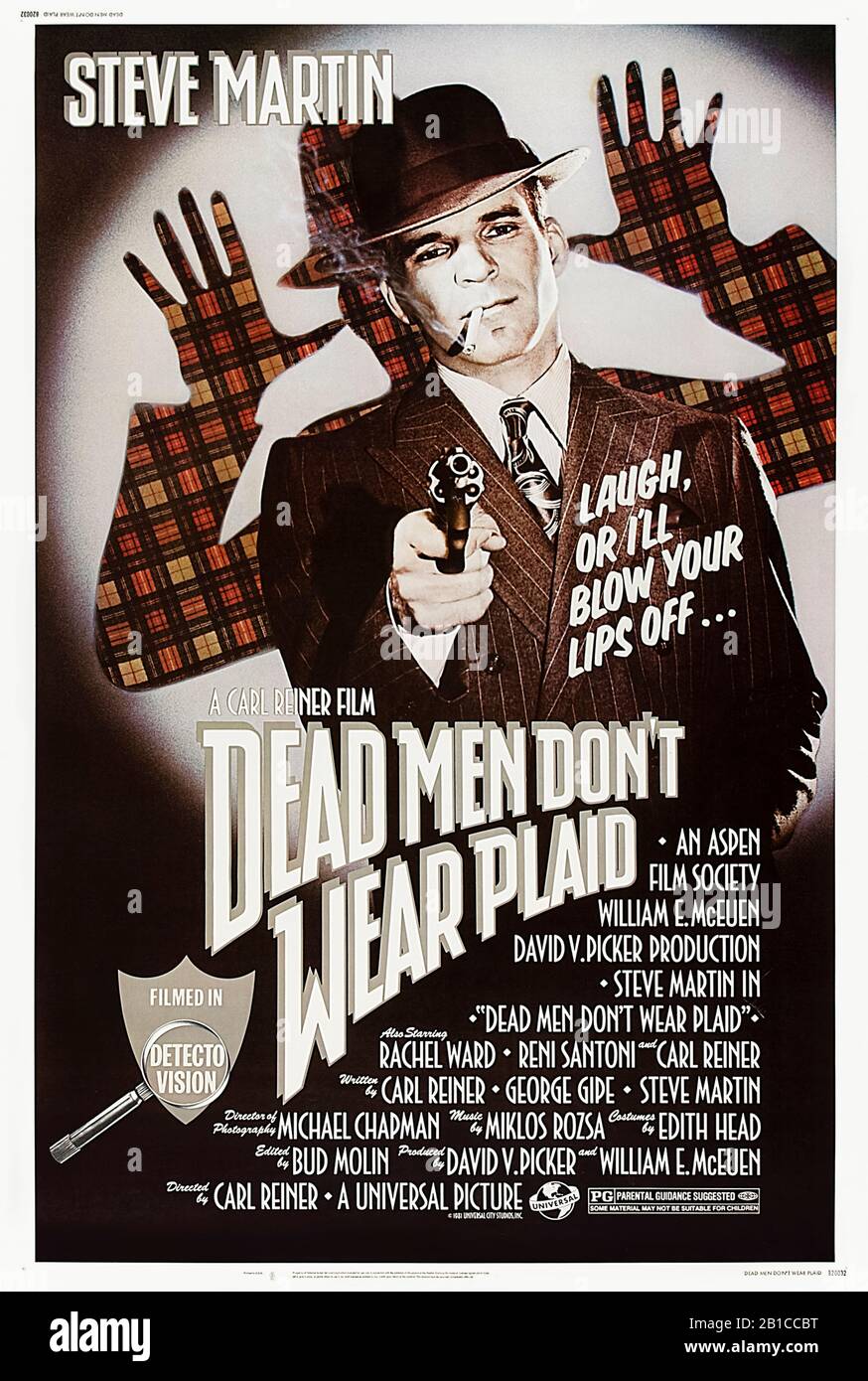 Dead Men Don't Wear Plaid (1982) directed by Carl Reiner and starring Steve Martin, Rachel Ward, Alan Ladd and Carl Reiner. Film noir spoof and homage intercut with scenes from classic noir films. Stock Photo