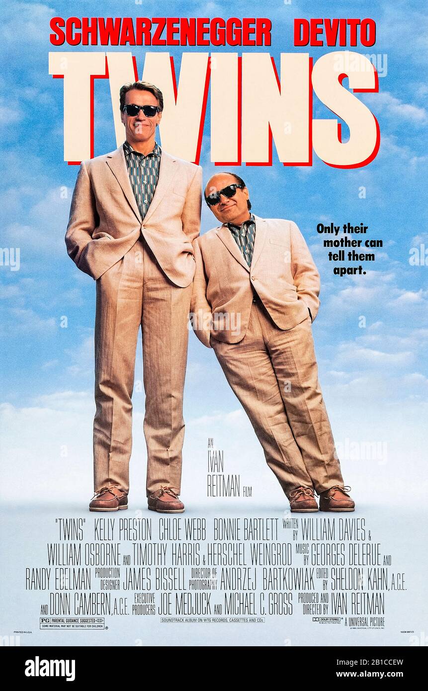 Twins (1988) directed by Ivan Reitman and starring Arnold Schwarzenegger, Danny DeVito and Kelly Preston. The tale of twins Julius and Vincent Benedict separated at birth after an experiment that was only half successful. Stock Photo