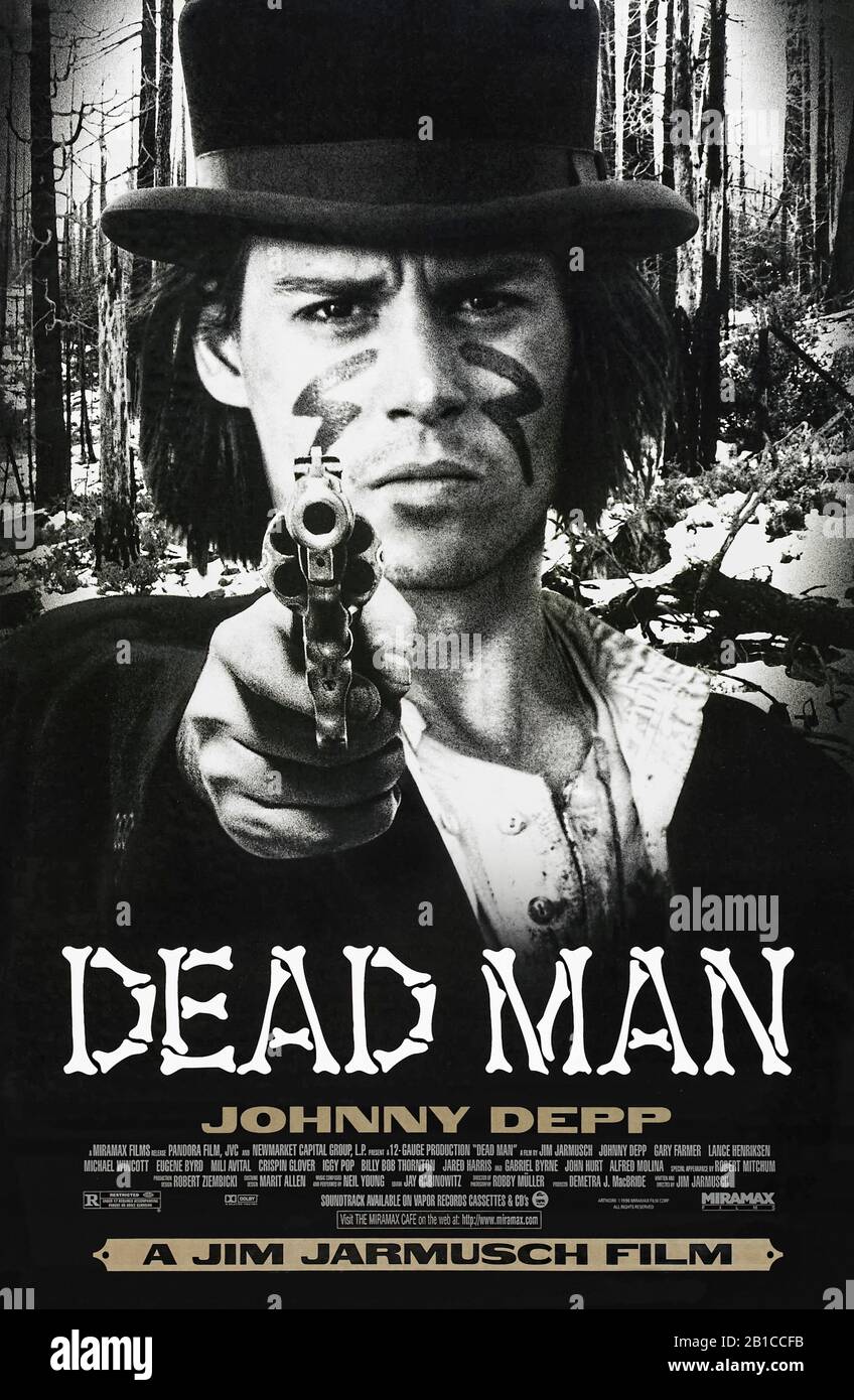 Dead Man (1995) directed by Jim Jarmusch and starring Johnny Depp, Gary Farmer, Crispin Glover and Lance Henriksen. A man on the run is mortally wounded and meets Nobody who prepares him for transition into the spirit-world. Stock Photo