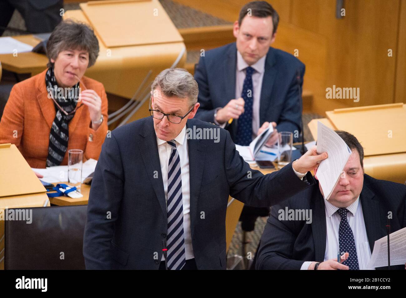 Edinburgh, UK. 20 February 2020.   Pictured: (centre) Adam Tomkins MSP - Shadow Cabinet Secretary for Strategy, Scottish Conservative and Unionist Party; (top left) Liz smith MSP - Chief Whip of the  Scottish Conservative and Unionist Party, (top right) Liam Kerr MSP - Deputy Leader of  the Scottish Conservative and Unionist PartyShadow Cabinet Secretary for Justice; (bottom right), Jamie Halcro Johnston MSP - Shadow Minister for Education for the Scottish Conservative and Unionist Party.    Scenes from inside the debating chamber of the Scottish Parliament in Holyrood, Edinburgh. Stock Photo