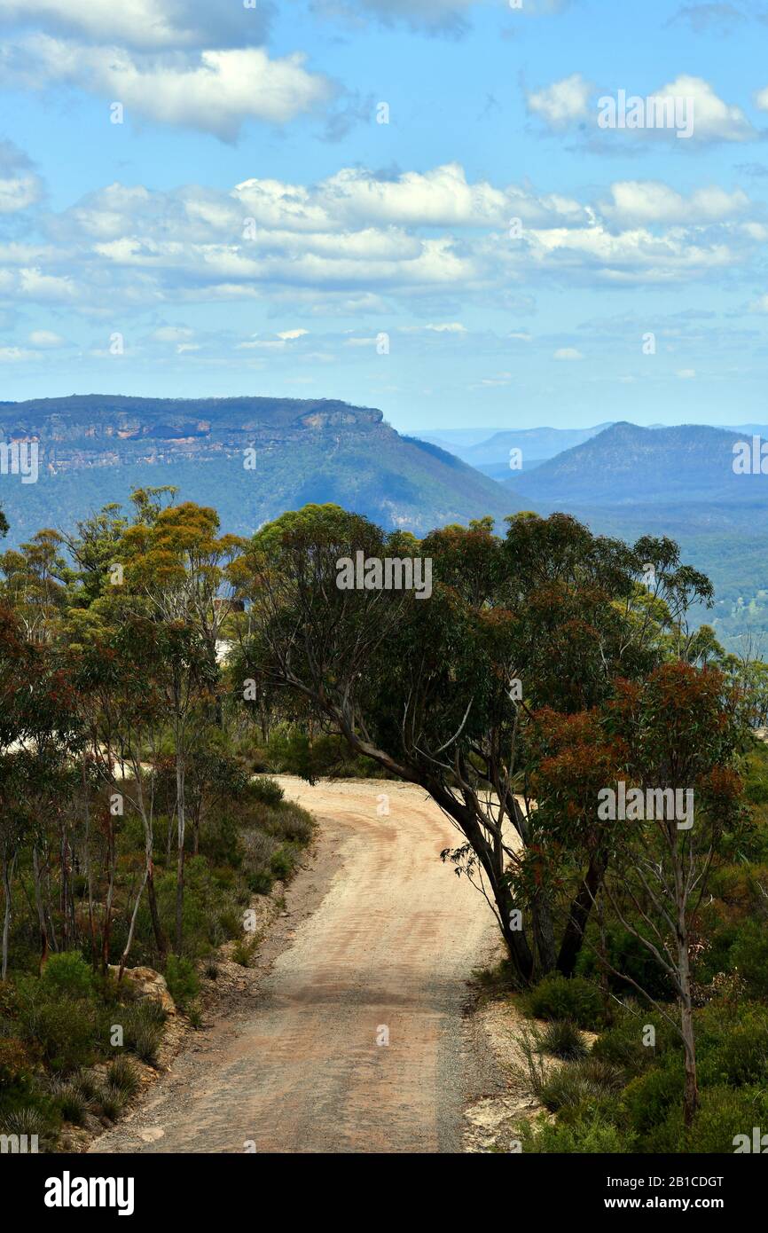 A view from a dirt road near Hargraves Lookout in Blackheath, NSW Stock Photo