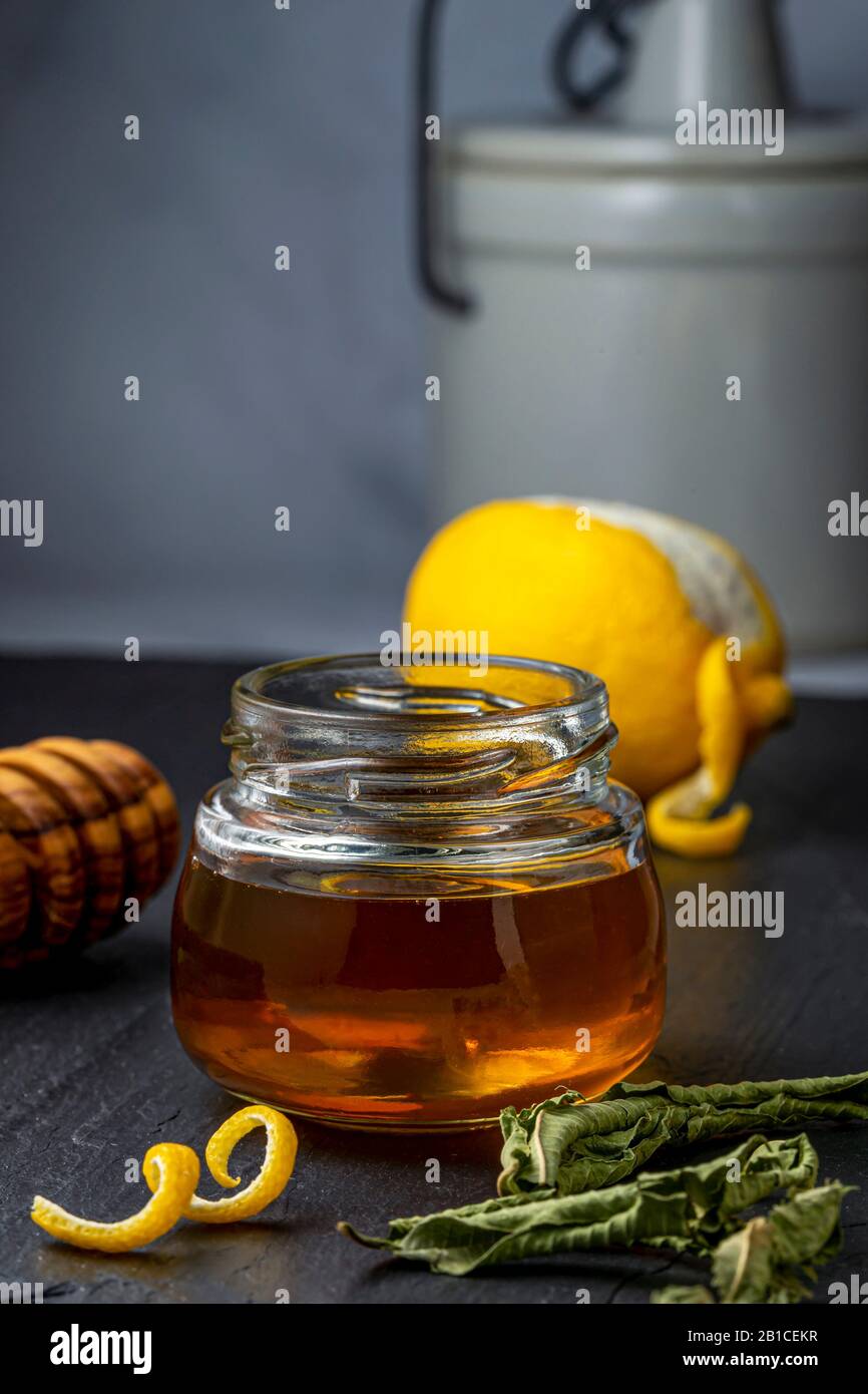 Organic honey in a small jar. Stock Photo