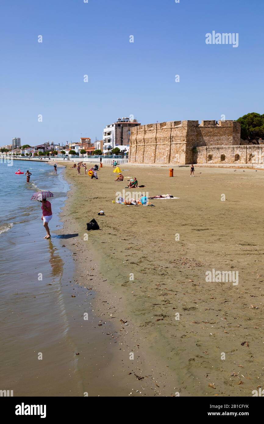 Larnaca fort and beach, Finikoudes, Cyprus. 2019 Stock Photo