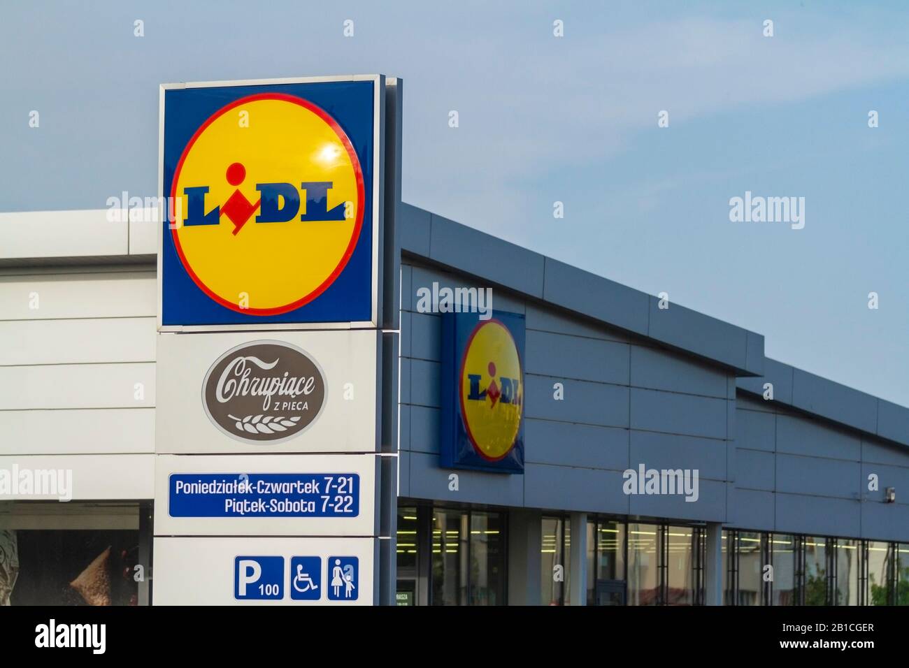 Zamosc / Poland - September 5 2018:   Lidl logo on Lidl supermarket. Lidl is a german supermarket chain. Stock Photo