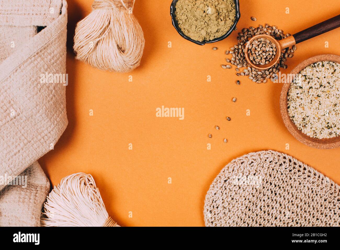 Different types of uses for hemp. Textile fiber industry. Zero waste living concept. Stock Photo
