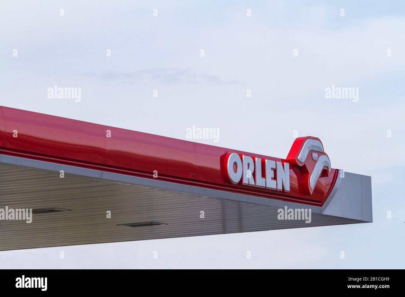 Zamosc / Poland - September 5 2018:  Logo symbol of ORLEN fuel and gas station. PKN Orlen is a major Polish oil refiner and petrol retailer. Stock Photo