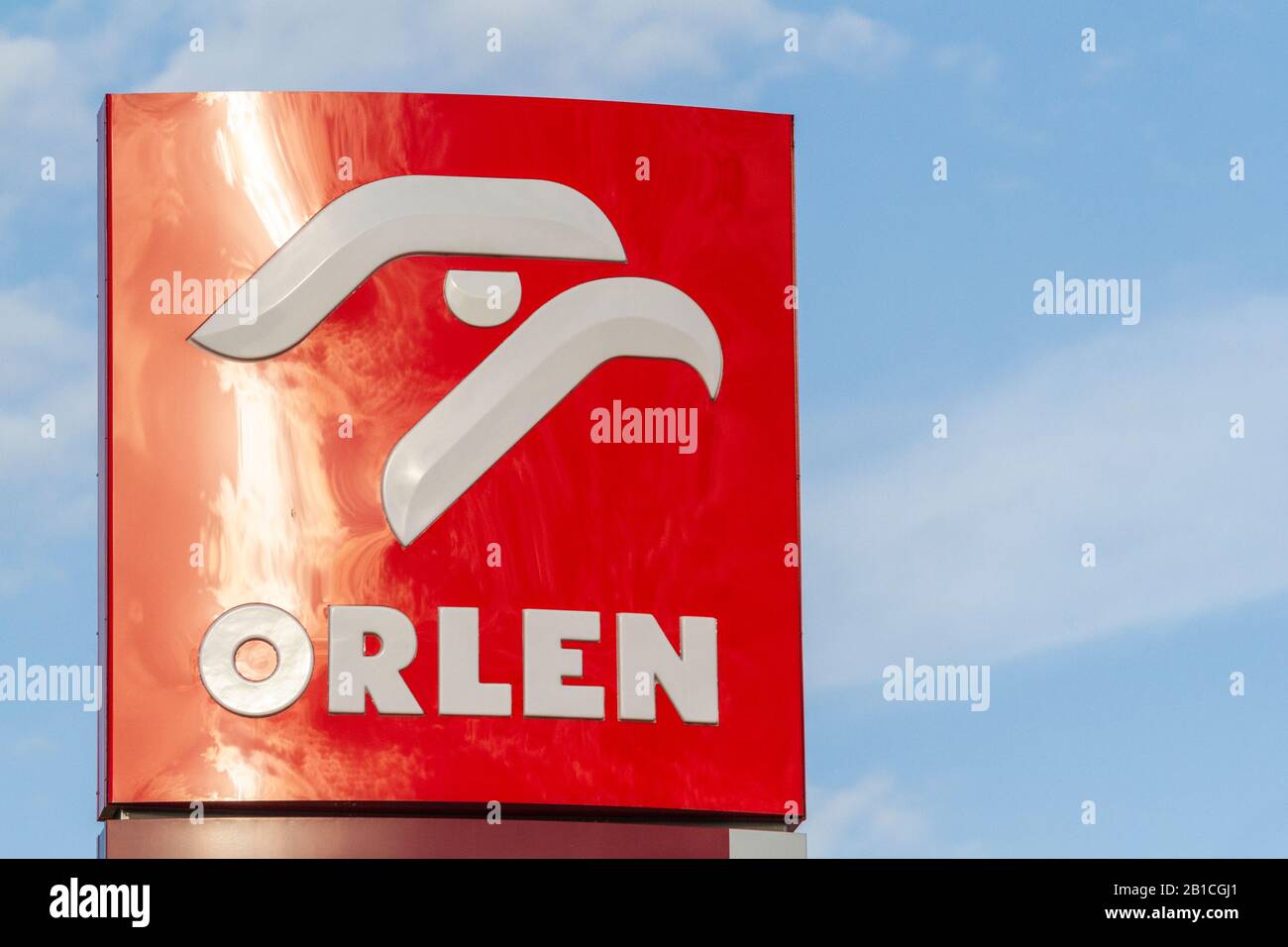 Zamosc / Poland - September 5 2018:  Logo symbol of ORLEN fuel and gas station. PKN Orlen is a major Polish oil refiner and petrol retailer. Stock Photo