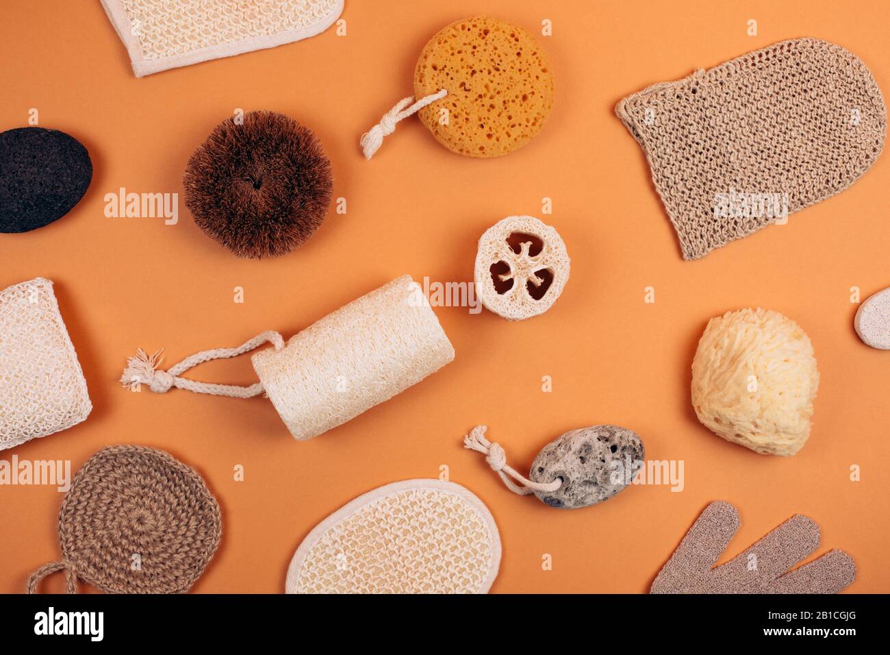 Different types of zero waste sponges for body care. Concept of eco