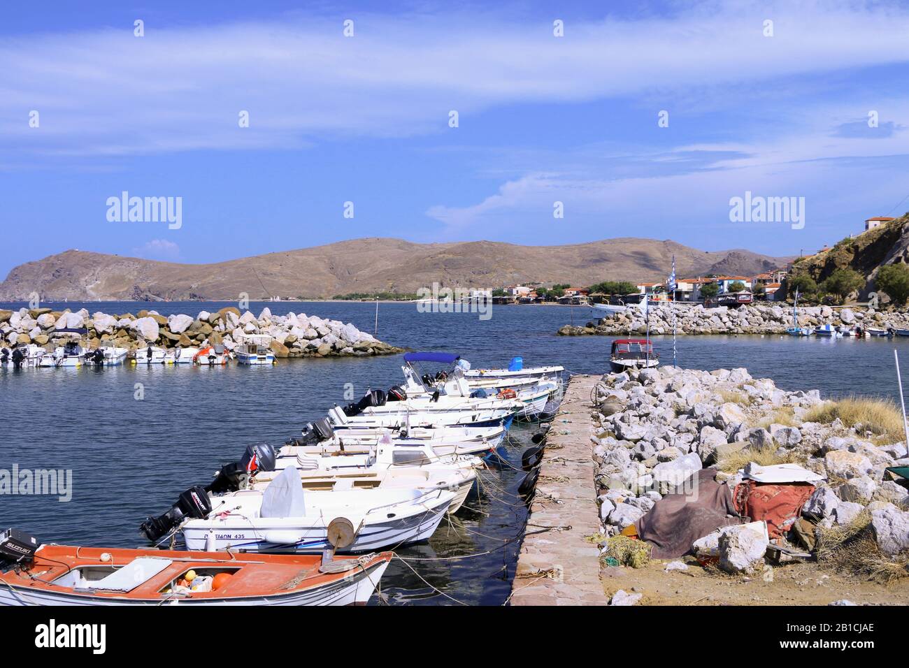 Skala Eressou, the small fishing port at the eastern edge of the coastal town of Skala Eressou, in Lesvos (Lesbos) island, Greece, Europe. Stock Photo