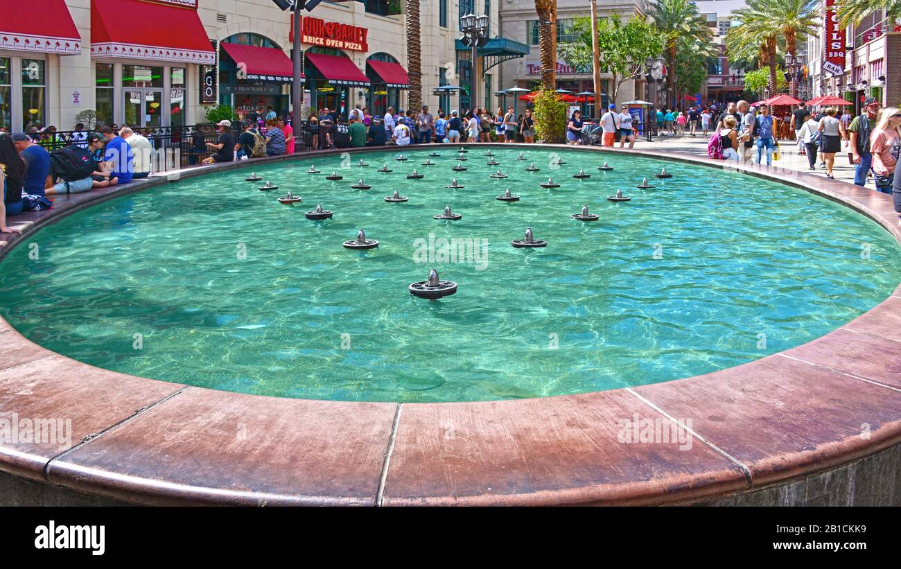 Las Vegas NV, USA 09-30-18 This is the circular decorative fountain located at The LINQ Promenade Stock Photo