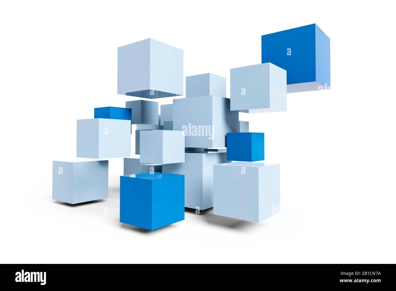 3D computer graphic, cubes in shades of blue arrange in a three dimensional way, Europe Stock Photo